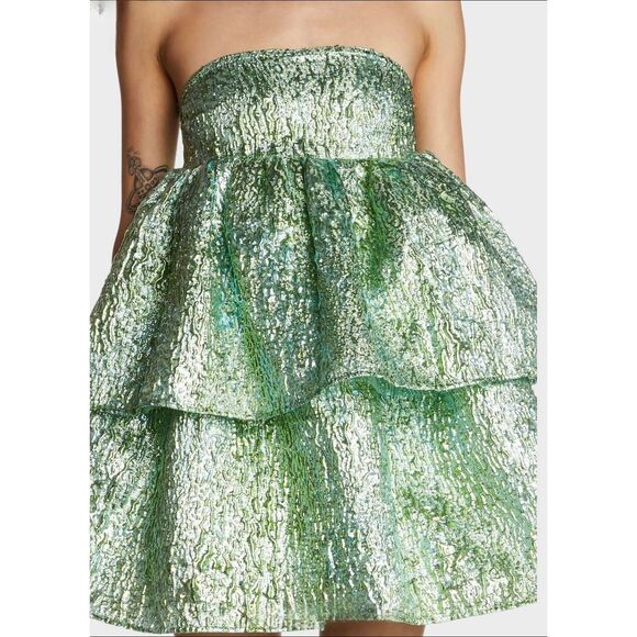 Amylynn Women's Green Metallic Sara Strapless Brocade Ruffle Mini Dress NEW - Picture 4 of 16